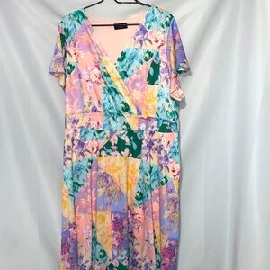 LANE BRYANT  WO SIZE 20/22L FAUX WRAP PASTEL FLORAL DRESS ATTACHED BELT POCKETS